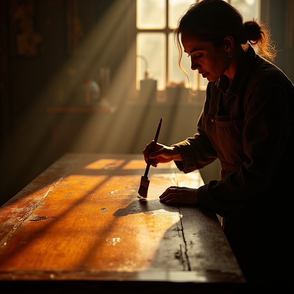 Application d'une patine traditionnelle sur un meuble restauré